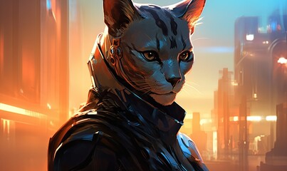 Photo of a futuristic cat in a stylish suit standing in front of a sprawling cityscape