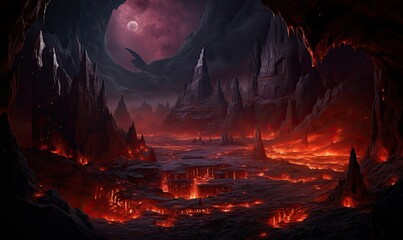 Photo of a mesmerizing cave filled with molten lava and stunning lava formations