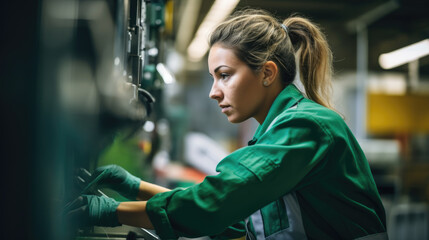 Mage of a young woman in her early 20s, working on an assembly line in a modern manufacturing plant. She should be wearing a green uniform, safety goggles, and gloves