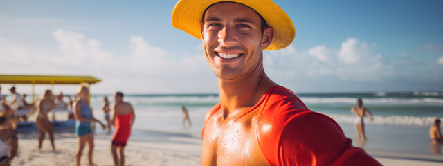Portrait of a lifeguard at his post on a sunny beach background
