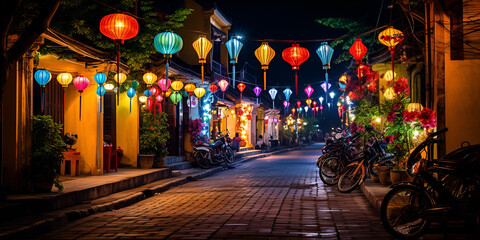 Bright Lanterns hanging over the walking street, in the ancient of Hoi An. The ancient town, is a popular tourist area. The streets are usually filled with tourists day and night. Ai Generative