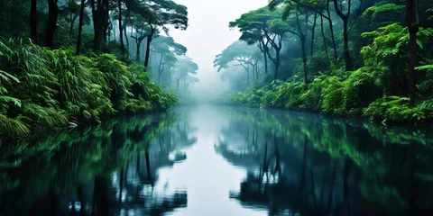 Foto op Canvas Tropical rainforest around river covered with mist. Generative AI © AngrySun