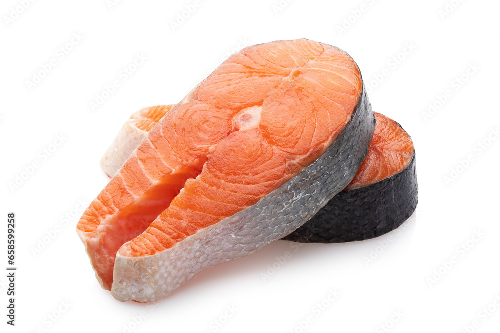 Wall mural two fresh raw salmon steaks isolated on white background, full depth of field