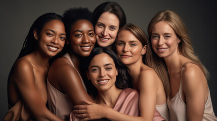 Obraz premium Cheerful women of different nationalities and ages standing together in studio
