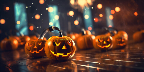 A hallowen pumpkins in a foggy scene with a spooky background. , Halloween background decorated with Jack lantern pumpkins, lights and candles Ai Generative
 