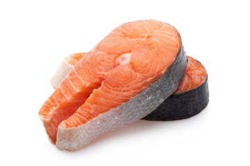 Two fresh raw salmon steaks isolated on white background, full depth of field