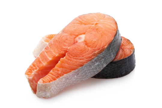 Two fresh raw salmon steaks isolated on white background, full depth of field