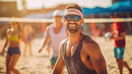 Group of friends playing beach volleyball