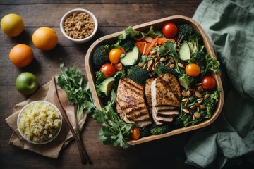 Top view of a plate with a balanced healthy meal of avocado, chicken slices, broccoli, cherry tomatoes, parsley and herbs on a brown wooden background with citrus fruits - obrazy, fototapety, plakaty