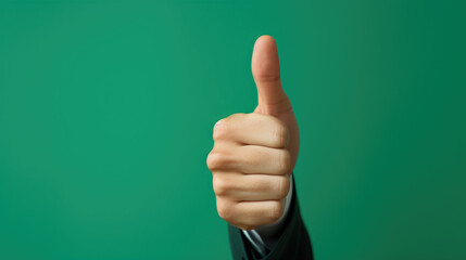 Man doing happy thumbs up gesture with hand on green background