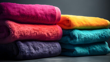 Folded colored towels on grey background