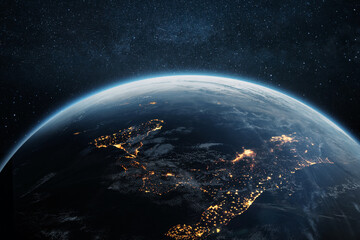 Beautiful blue planet Earth with night lights of Italian cities in starry space. Technology and science, concept.