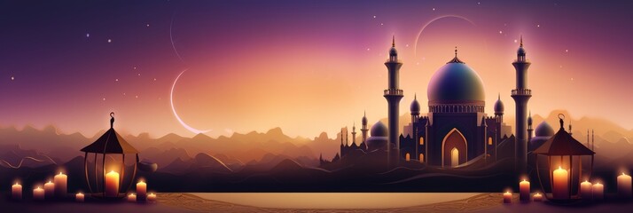 Eid Mubarak, Eid al-Fitr and Ramadan. Vector illustrations of a holiday, an evening mosque with a crescent moon, a muslim, a festive table and a pattern for a greeting card, poster and background