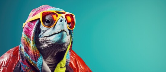 Cheerful happy turtle animals dressed as clowns on a colorful background. Wide images, with cop text space. Generative AI
