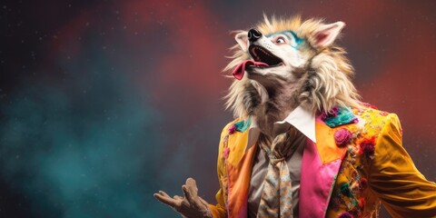Cheerful happy wolf animals dressed as clowns on a colorful background. Wide images, with cop text space. Generative AI