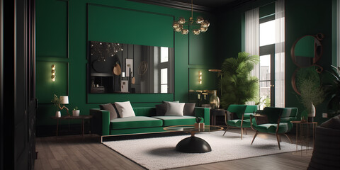 Interior of living room in green colors in modern house.