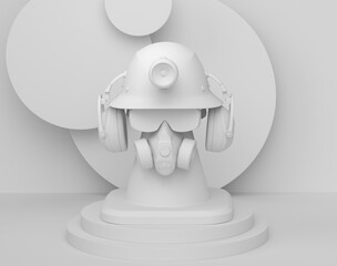 Abstract scene or podium with helmet, headphones and gas mask on monochrome