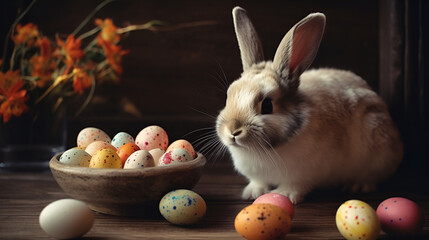 Fototapeta na wymiar easter bunny with easter eggs, easter eggs and bunny, a bunny on an easter egg,A bunny rabbit in an Easter basket with Easter eggs