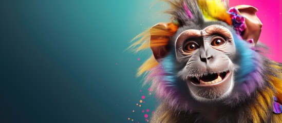 Cheerful happy monkey animals dressed as clowns on a colorful background. Wide images, with cop text space. Generative AI - obrazy, fototapety, plakaty