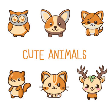 Cute animals vector illustrations cartoon for kids 2d such a owl dog fox squirrel deer zoo set 