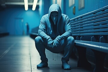 Obraz premium A young man in a blue hoodie sits on a bench in a subway station.Blue monday: sad blue man. 