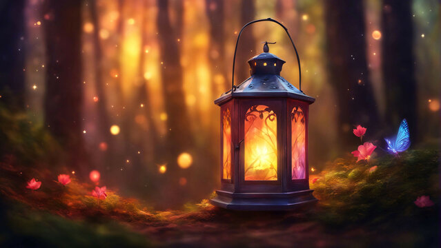 A lantern glowing with light kept in a garden.
