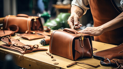 The process of making a travel bag made of genuine leather - obrazy, fototapety, plakaty