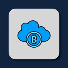 Filled outline Cryptocurrency cloud mining icon isolated on blue background. Blockchain technology, bitcoin, digital money market, cryptocoin wallet. Vector