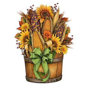 watercolor hand drawn wooden bucket with corn and sunflowers