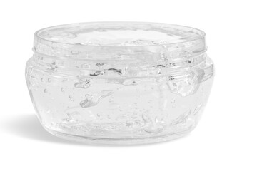 Transparent cosmetic gel with a transparent jar. On an empty background.