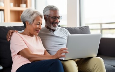 Middle-aged couple sitting together, using a laptop for various activities. - obrazy, fototapety, plakaty