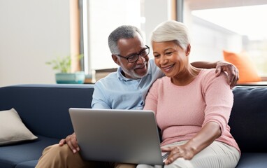 Middle-aged couple sitting together, using a laptop for various activities.
