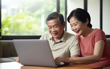 Middle-aged couple sitting together, using a laptop for various activities.