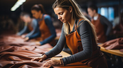 Close up of cobbler working with leather textile at his workshop