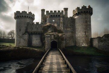 An ominous castle with stone walls, towers, and spiked walls. It features a drawbridge over a slimy moat. Windows and doors are covered in cobwebs. Generative AI - obrazy, fototapety, plakaty
