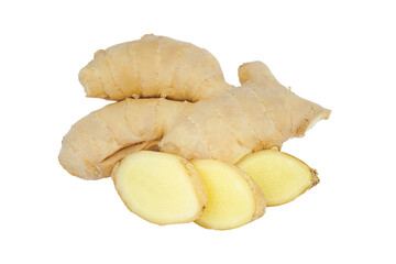 Fresh ginger with sliced isolated on white background. PNG