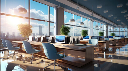 Ground of a light office interior with panoramic in blue tones generative AI