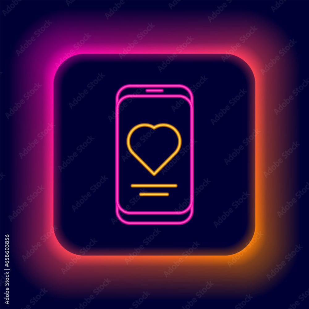 Poster glowing neon line smartphone with heart rate monitor function icon isolated on black background. col