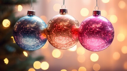 Colourful Christmas balls decoration with bokeh circles in the background. Festive wallpaper background for gift wrapping. Generative AI