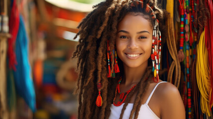 Fototapeta na wymiar Hairstyle women's afro braids smile