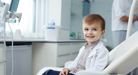 Joyful child during a clinic checkup, smiling.