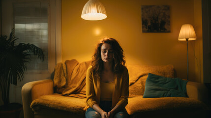 Dramatic cinematic shot depicting a woman's inner turmoil and emotional distress.