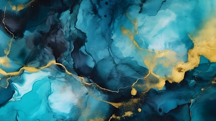 marbled pattern made of alcoholic ink in turquoise and gold color, luxury abstract background
