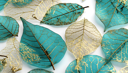 gold and turquoise translucent leaves on a white background
