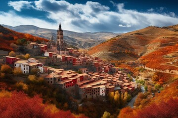 Mountainous town in Spain with red houses and churches. Generative AI