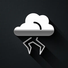 Silver Storm icon isolated on black background. Cloud and lightning sign. Weather icon of storm. Long shadow style. Vector