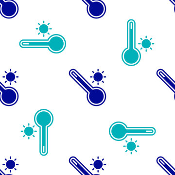Blue Meteorology thermometer measuring heat and cold icon isolated seamless pattern on white background. Thermometer equipment showing hot or cold weather. Vector