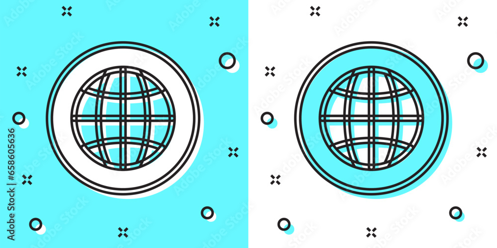 Poster black line global technology or social network icon isolated on green and white background. random d