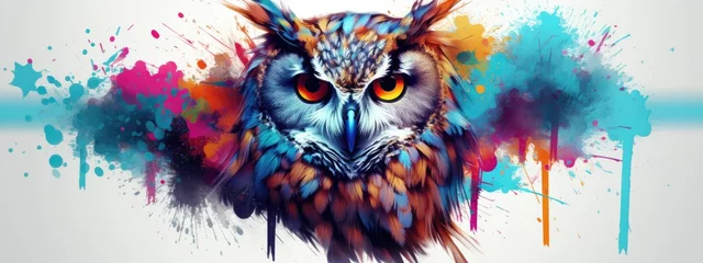 Cercles muraux Dessins animés de hibou Painted colorful owl animal, they show off in beautiful colors. isolated black background. Pattern for t-shirt printing, Generative AI