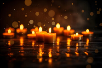 small candles on the floor in the dark with copy space for text